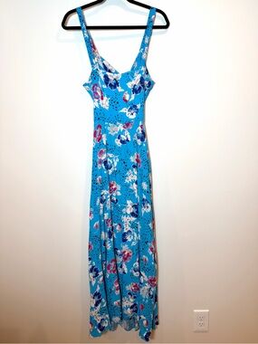 Zara Blue Red Floral Open Tie Back Strappy Maxi Dress Sz Small